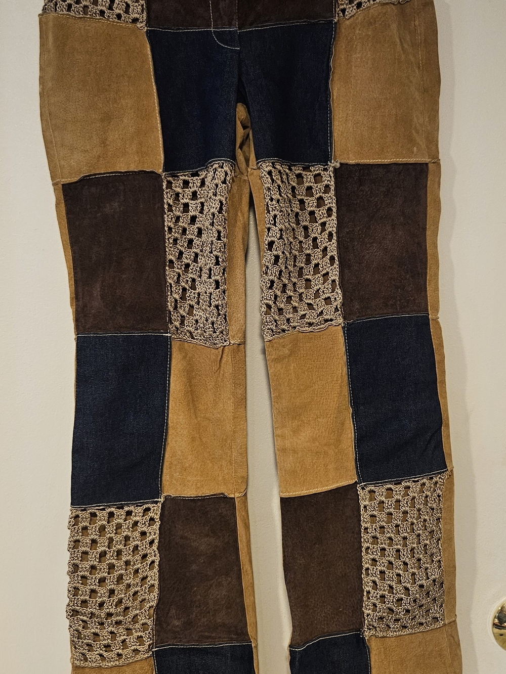 Patchwork Suede & Leather Crochet Panel Pants - Tan, Brown, Navy